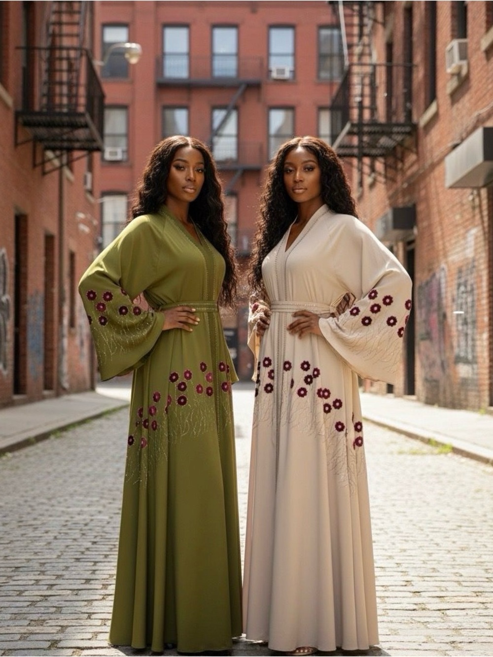 Embroidered Maxi Dress with Floral Accents - Olive Green